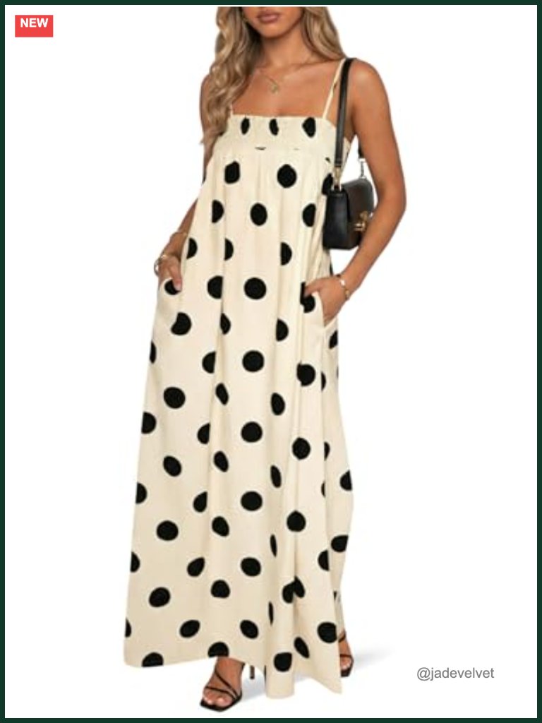 Polka Dot Maxi Dress With Pockets Smocked Backless Spaghetti Strap